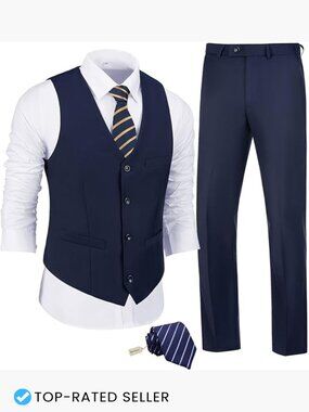 Slim Fit Suit Set Vest Pants Tie Modern Formal Business Wedding Party Wear
